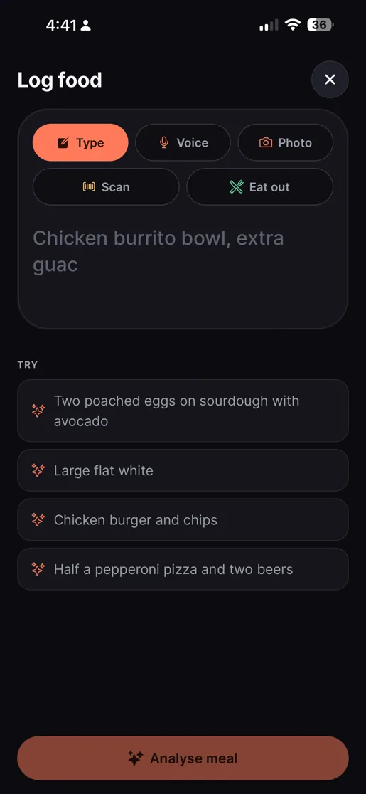 The JustAte Log food screen with Type, Voice, Photo, Scan and Eat out modes